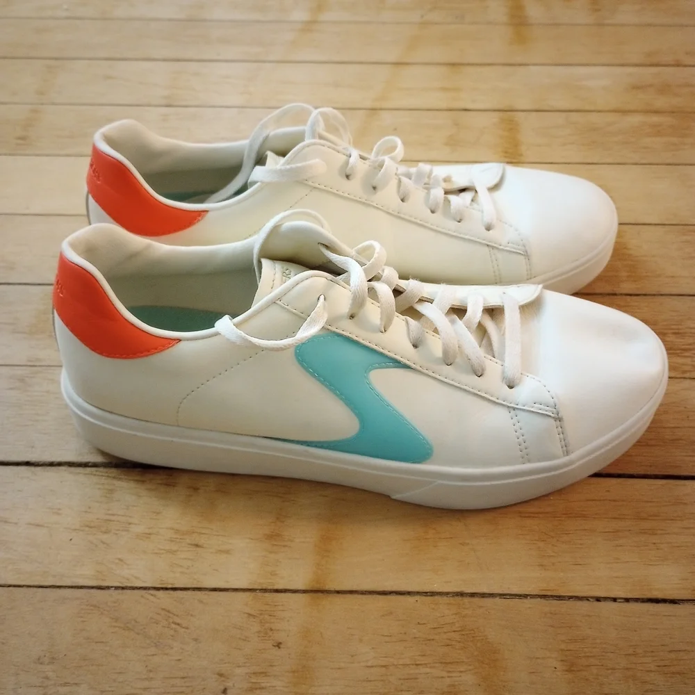Skechers Eden LX Court Classics Off White With Coral Pink + Teal Accents Size 10